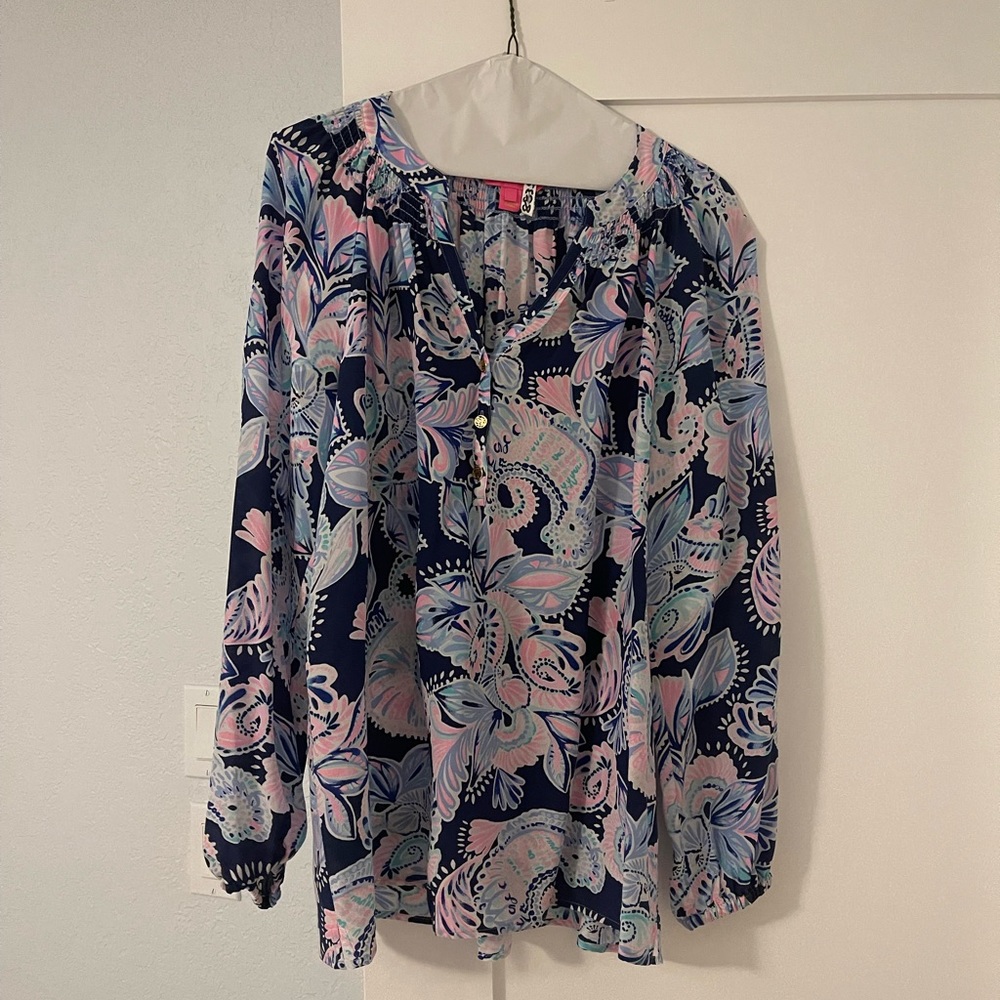Lilly Pulitzer Elsa Silk Top Blouse Size L High Tide Navy Holy Flockamolie